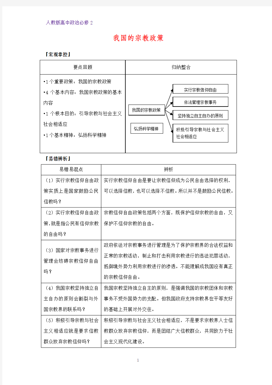 人教版高中政治必修2优质学案13：7.3 我国的宗教政策