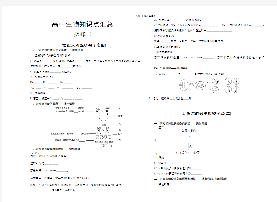 高中生物必修二知识点填空