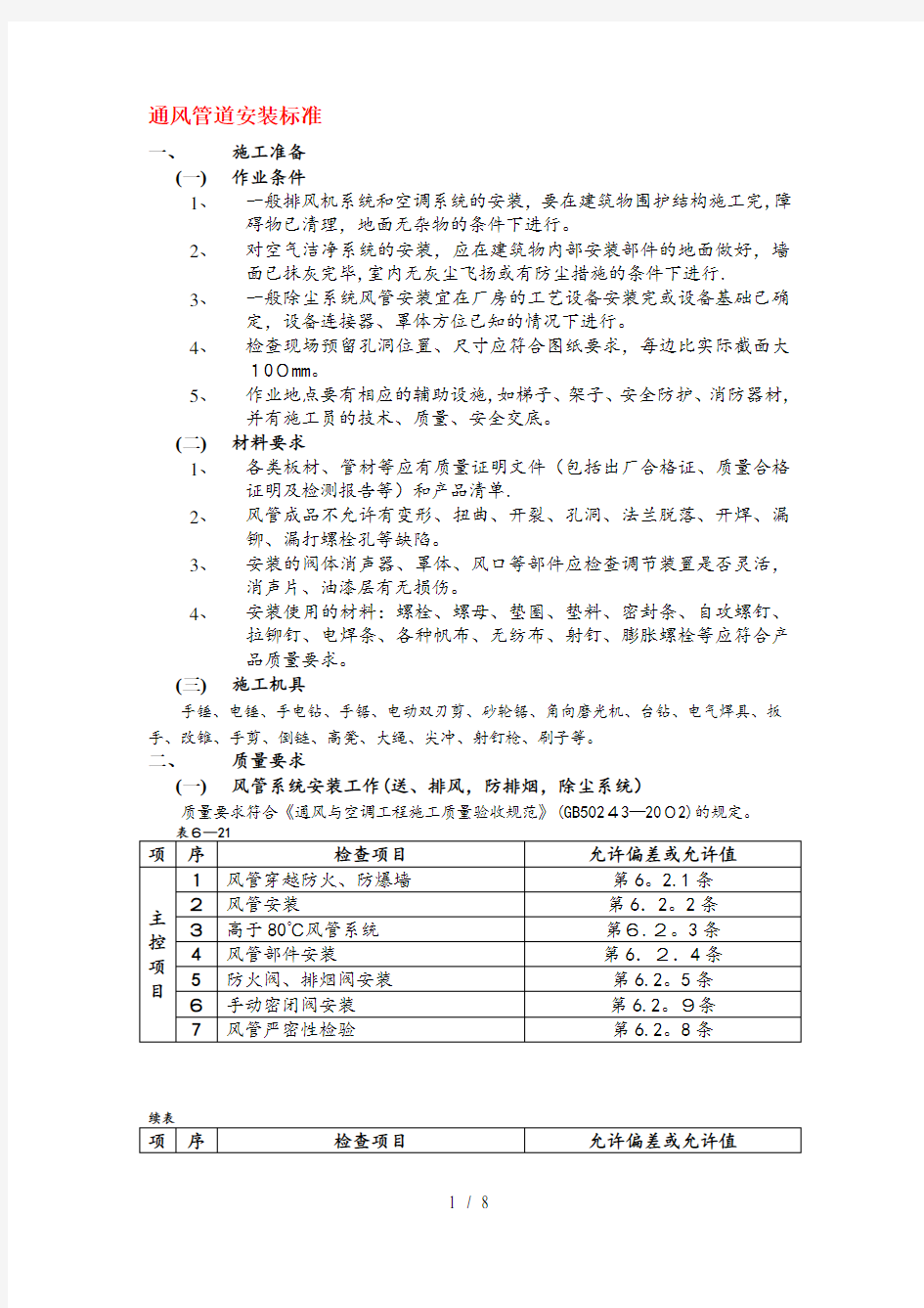 通风管道安装标准