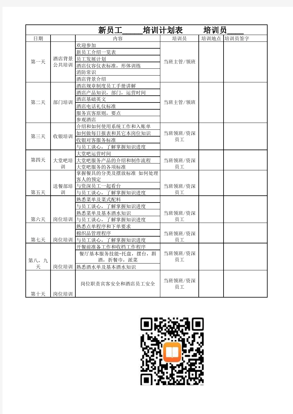 6_酒店餐饮部新员工培训计划安排表