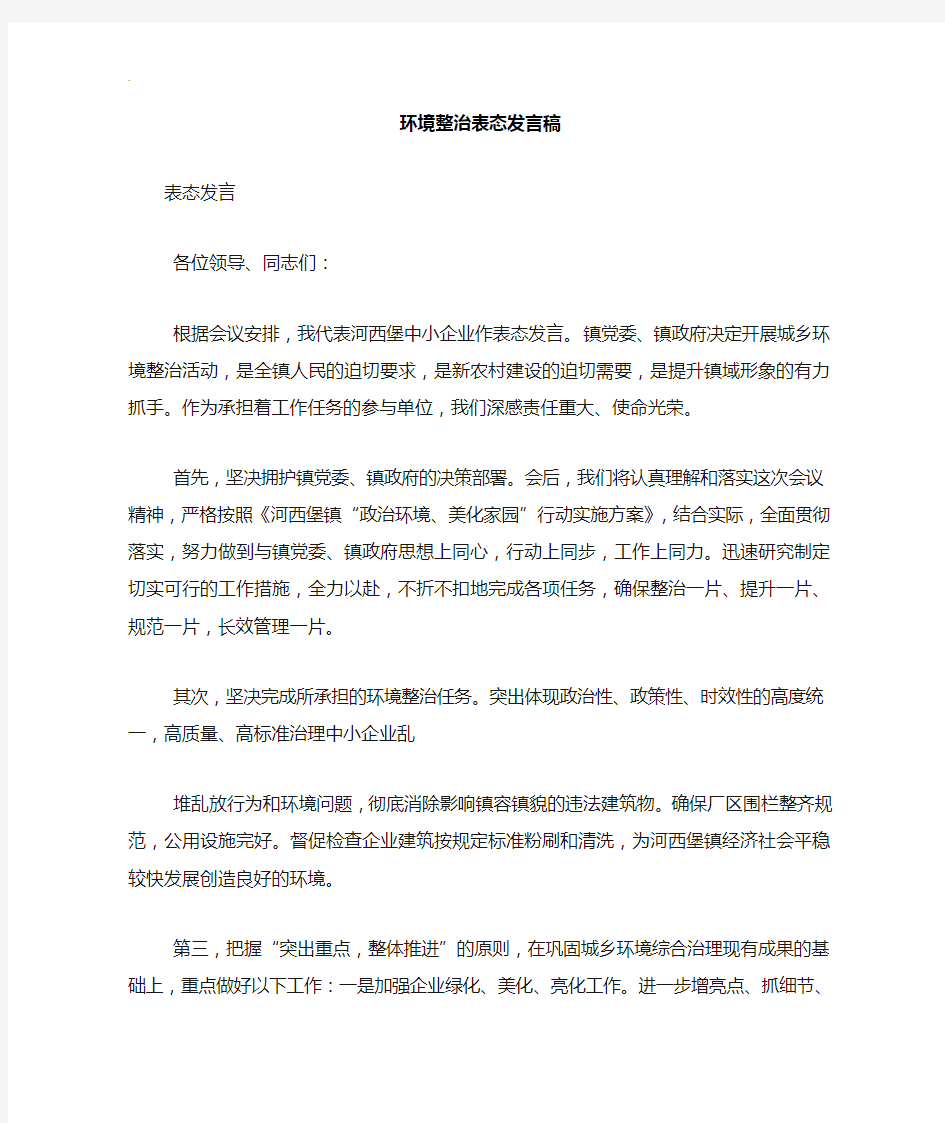 环境整治表态发言稿