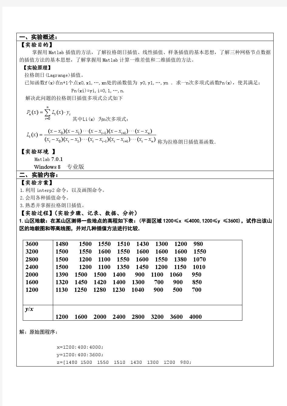 MATLAB插值实验报告  数学实验