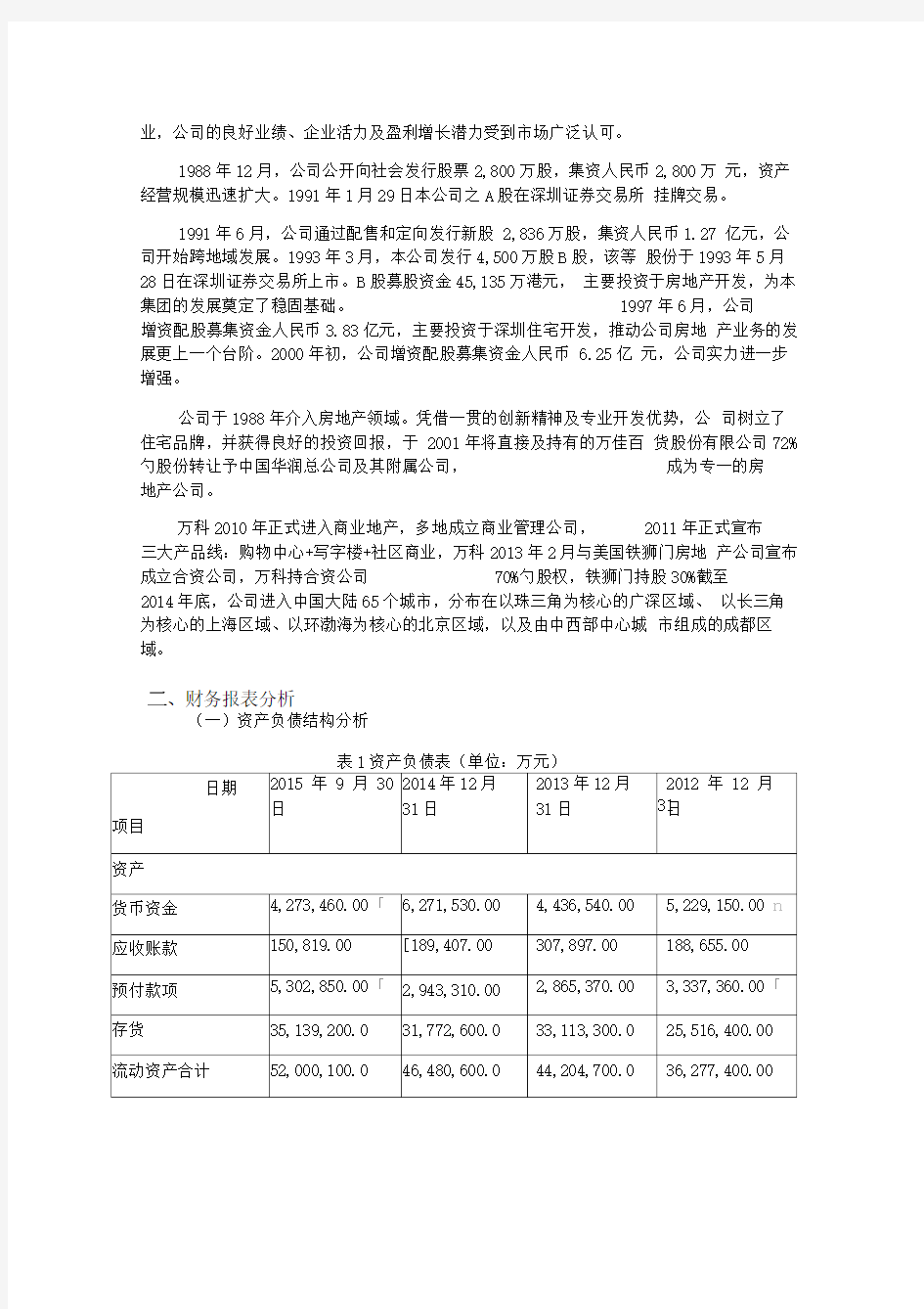 万科集团财务报表分析