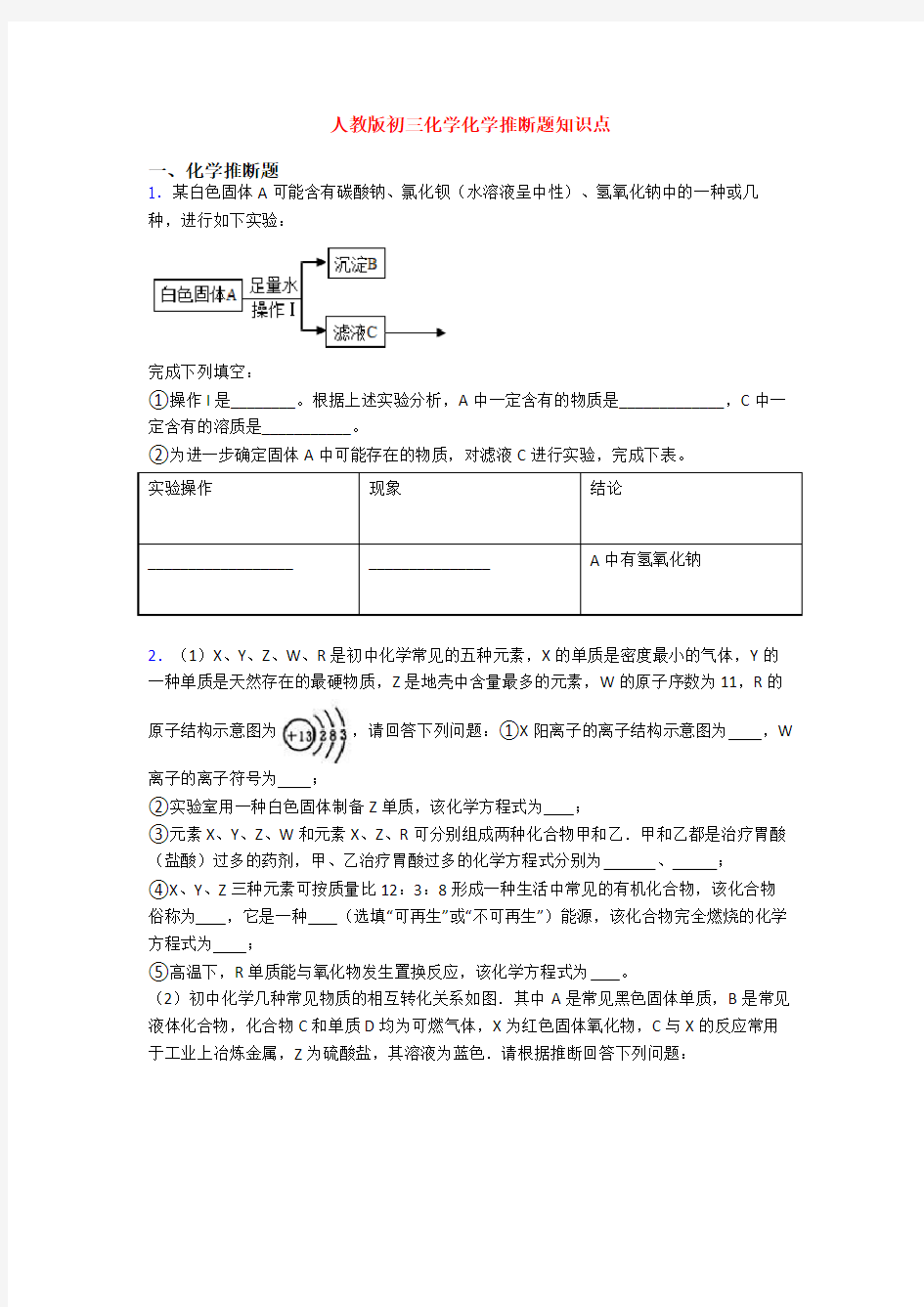 人教版初三化学化学推断题知识点