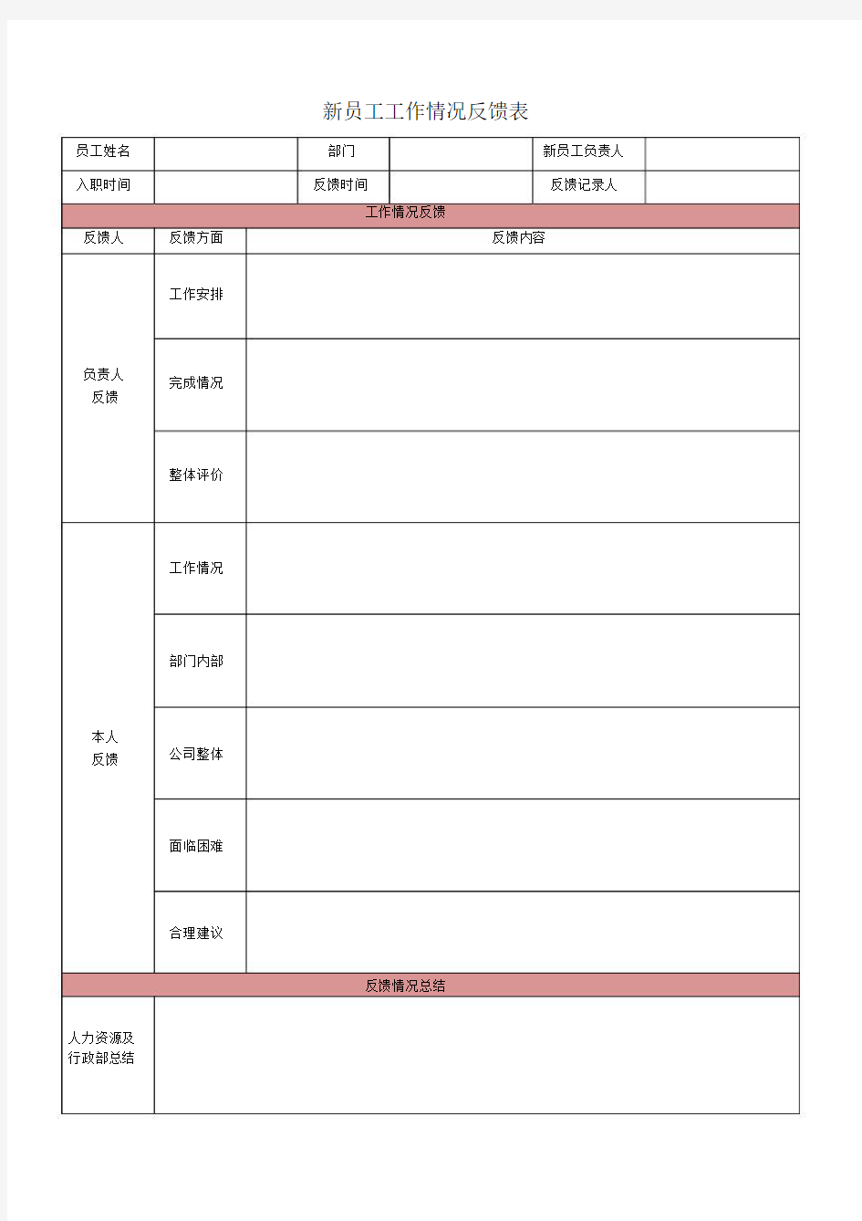 新员工工作情况反馈表