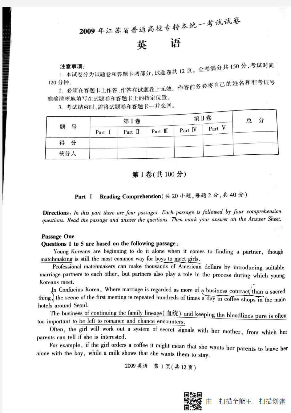 2009年江苏省专转本英语试卷及答案