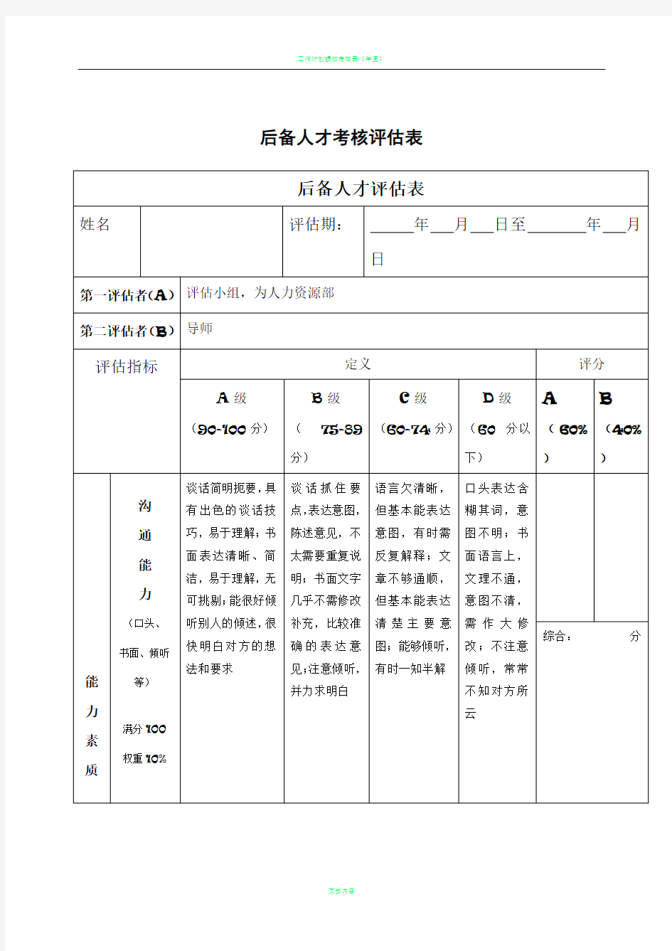 后备人才考核评估表