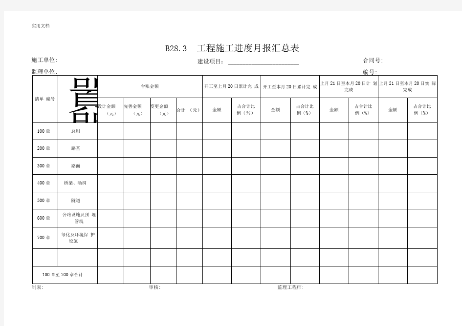 工程施工进度月报汇总表