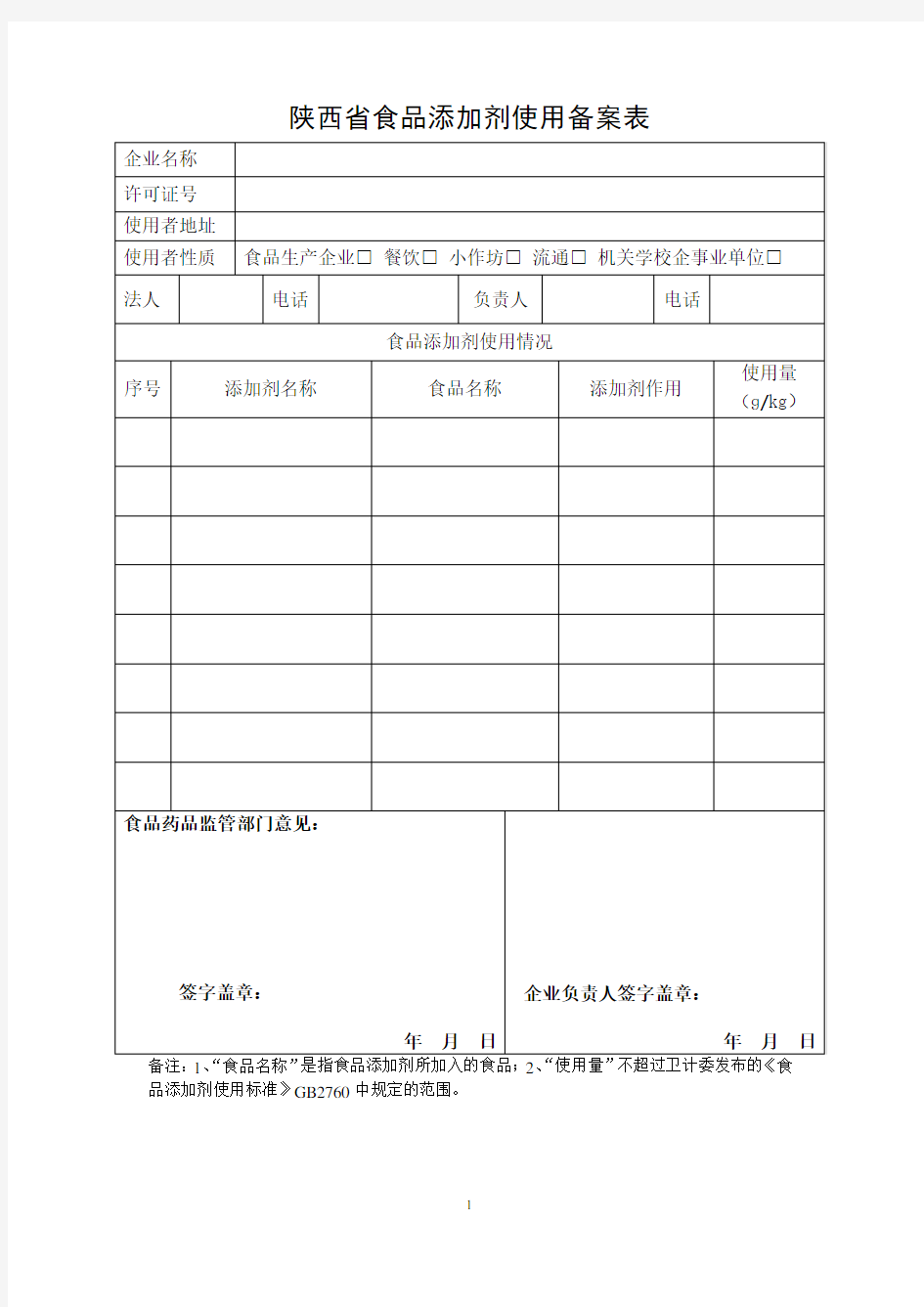 陕西食品添加剂使用备案表