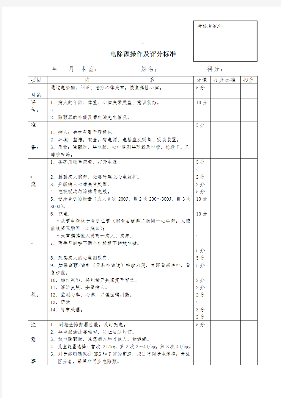 电除颤操作及评分标准