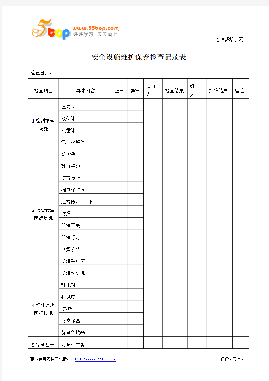 安全设施维护保养检查记录表