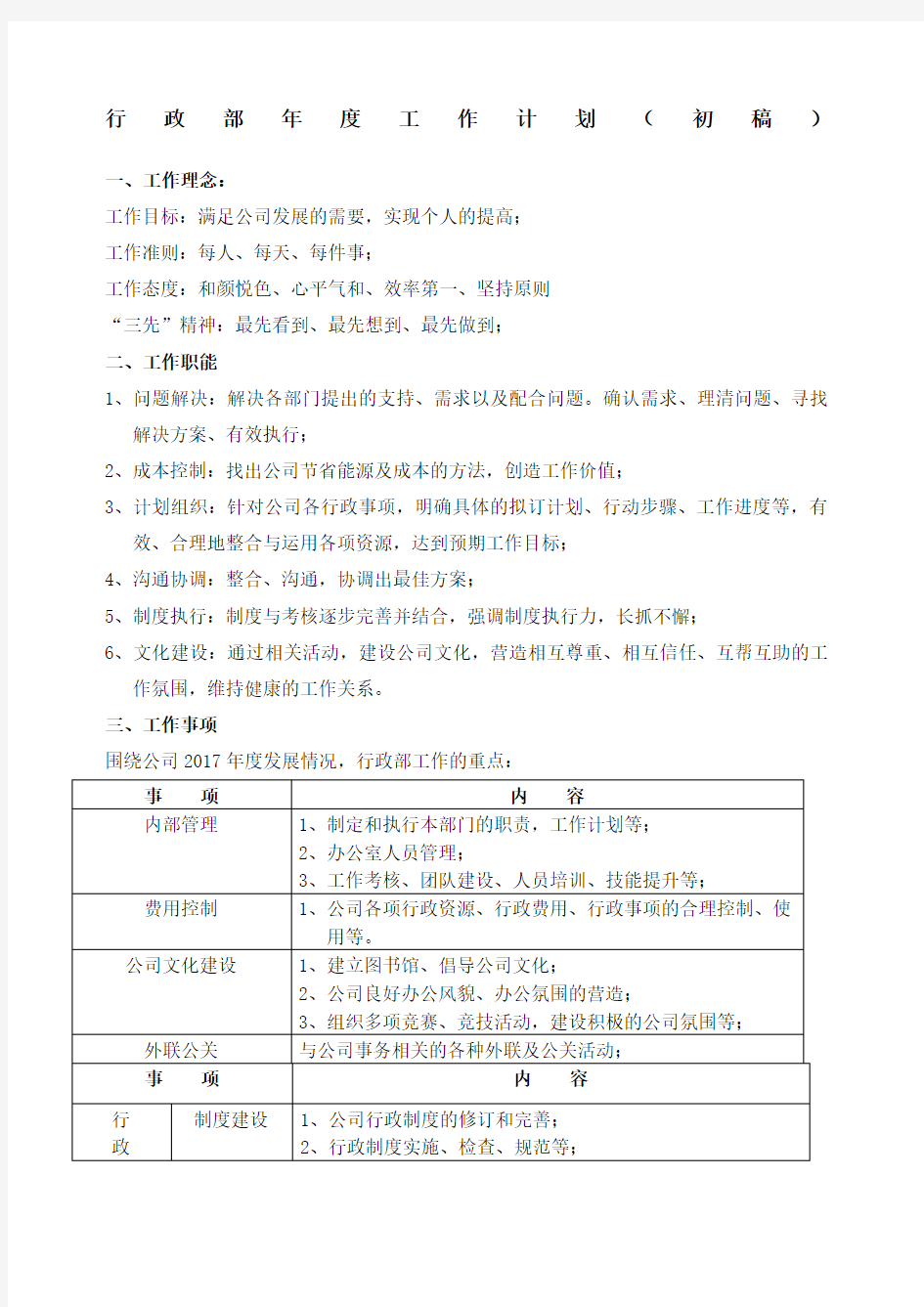 行政部工作总结和计划