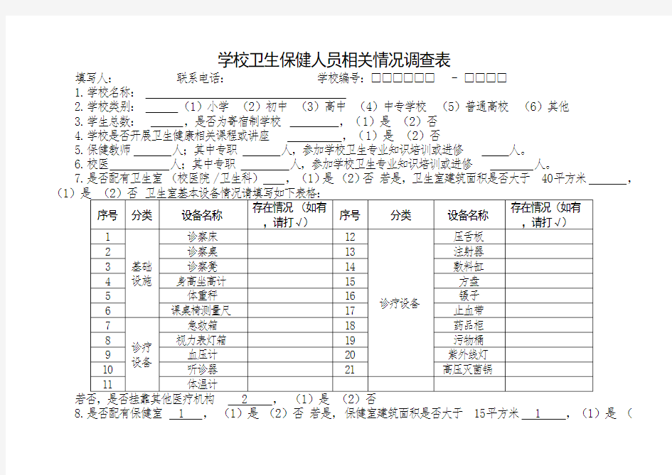 学校卫生保健人员相关情况调查表