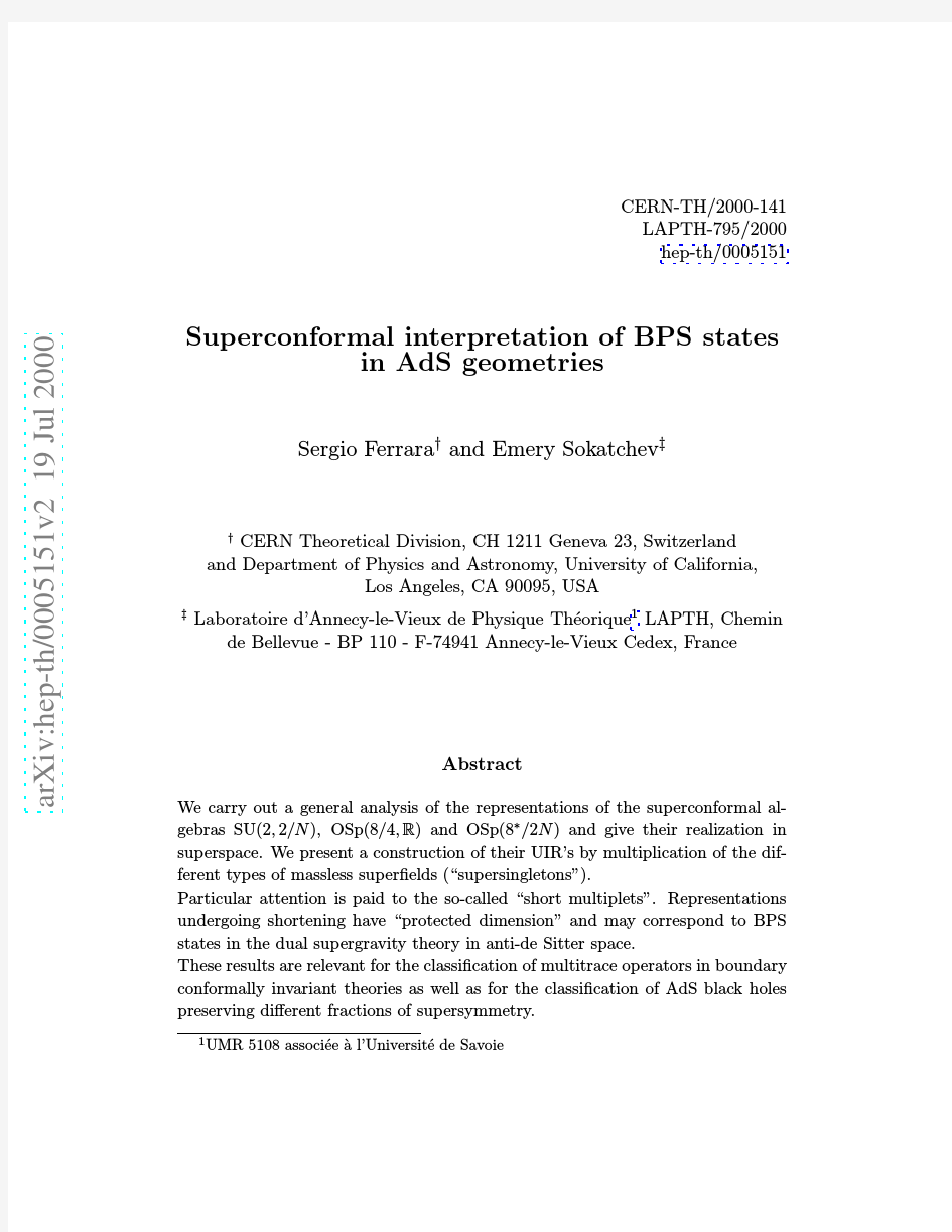Superconformal interpretation of BPS states in AdS geometries