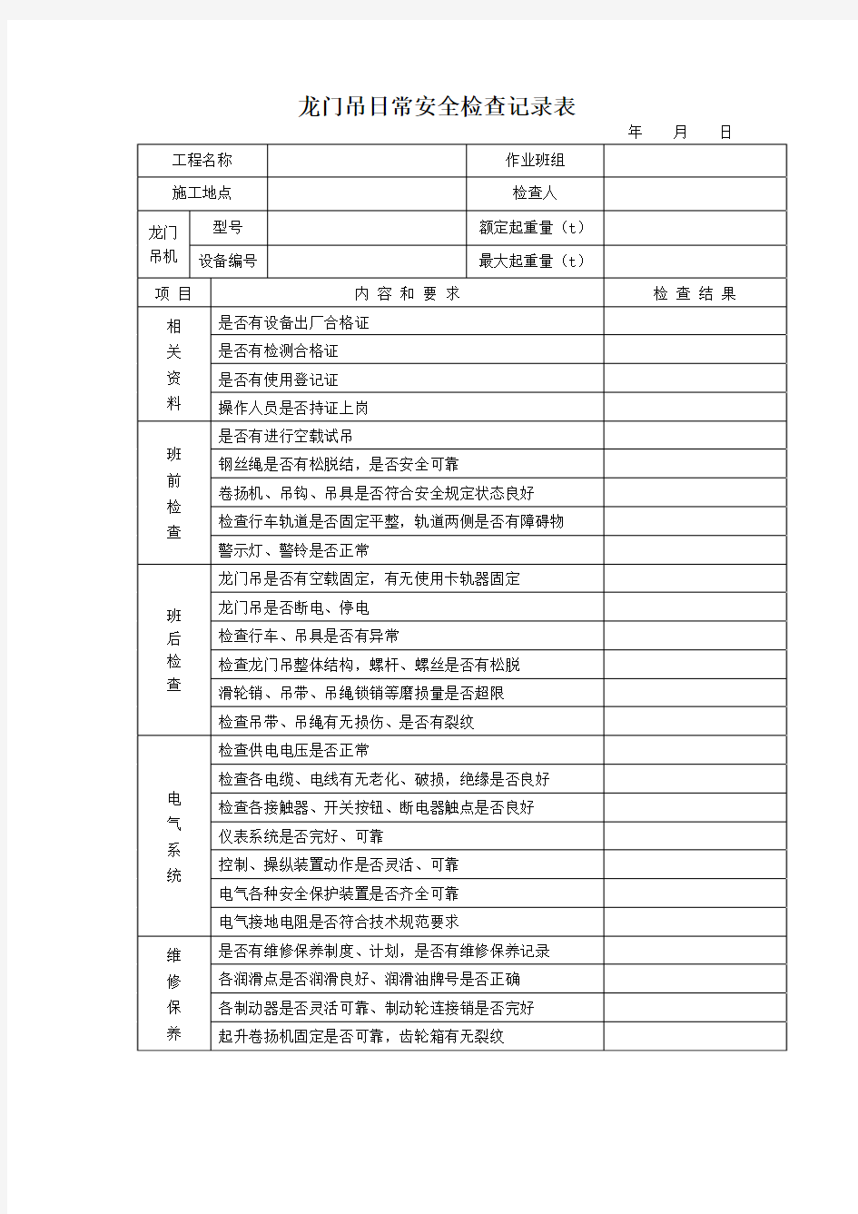 龙门吊日常安全检查记录表