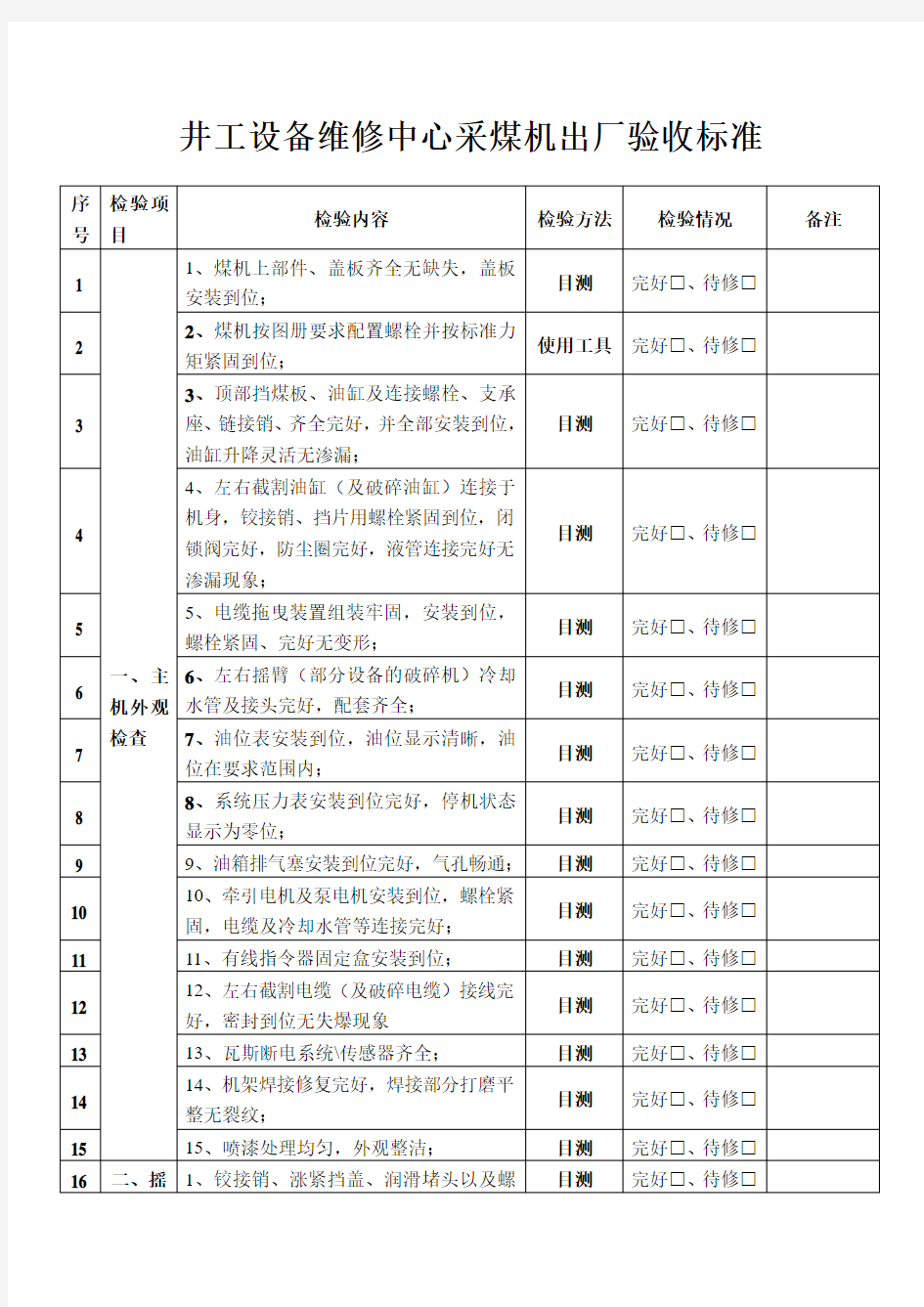 采煤机验收标准