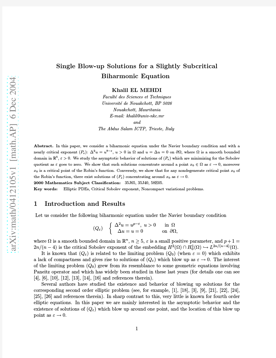 Single Blow up Solutions for a Slightly Subcritical Biharmonic Equation