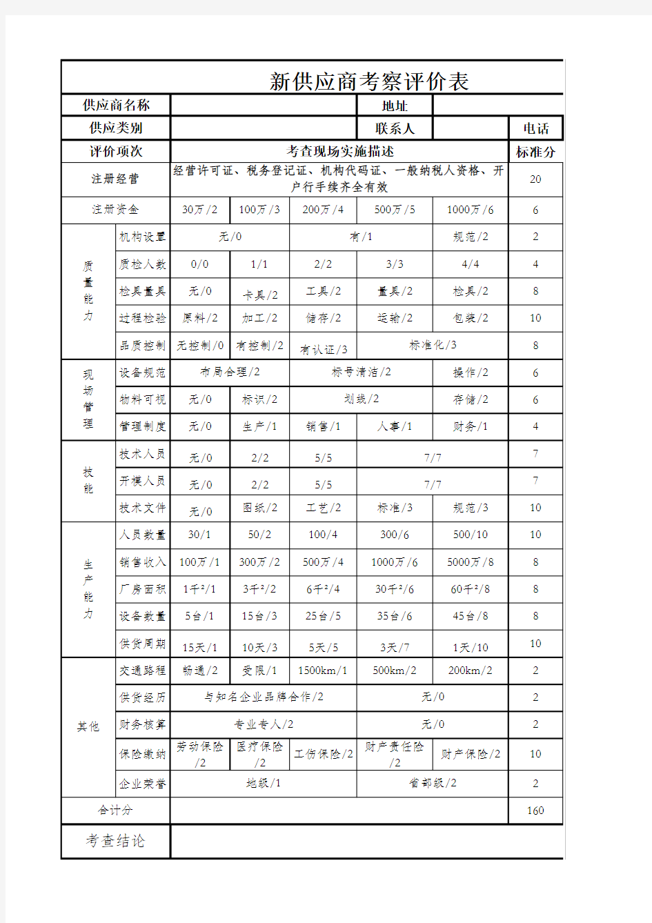 新供应商考察评价表