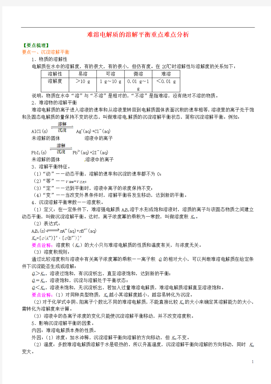 高中化学《难溶电解质的溶解平衡》重点难点解析 新人教版选修3