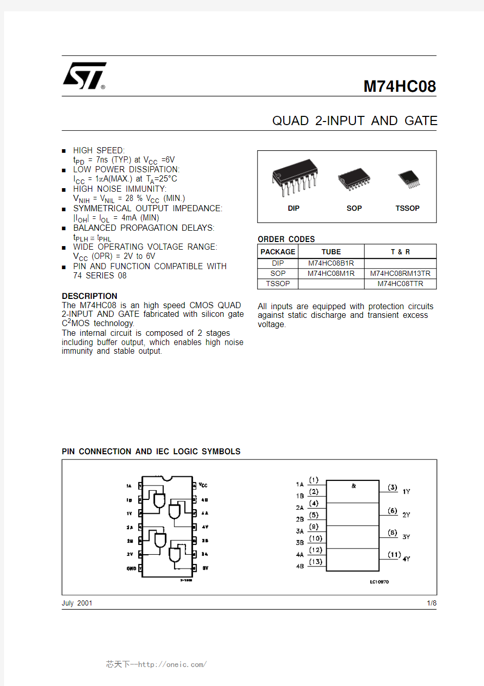 M74HC08B1R,M74HC08RM13TR,M74HC08RM13TR,M74HC08RM13TR,M74HC08B1R, 规格书,Datasheet 资料