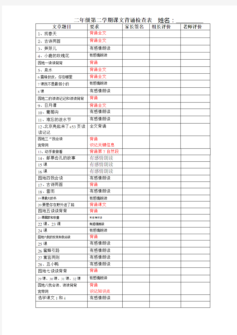 人教版语文二年级下册课文背诵检查表