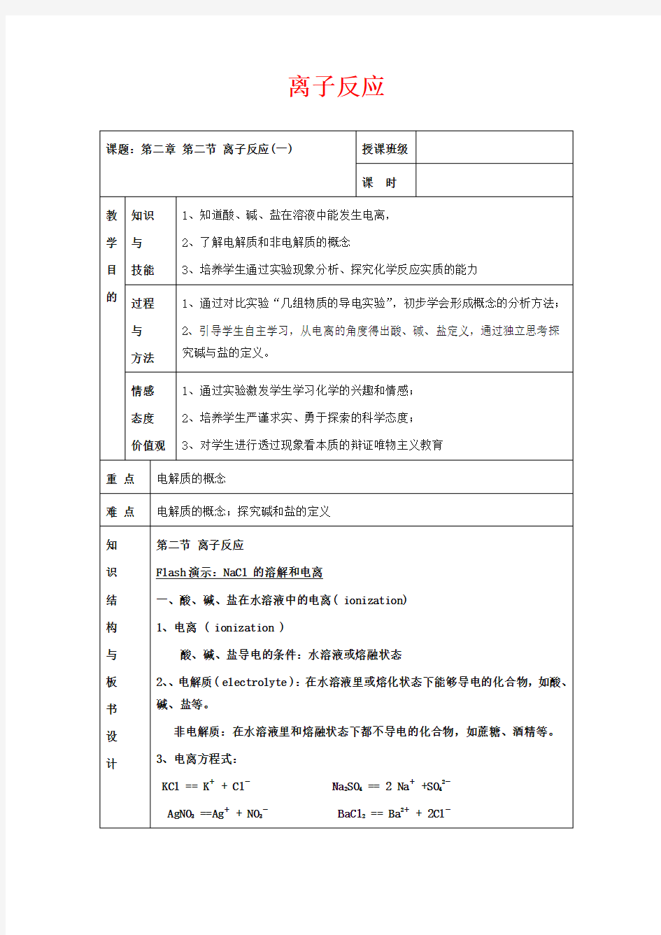 人教版高中化学必修一教学设计-离子反应