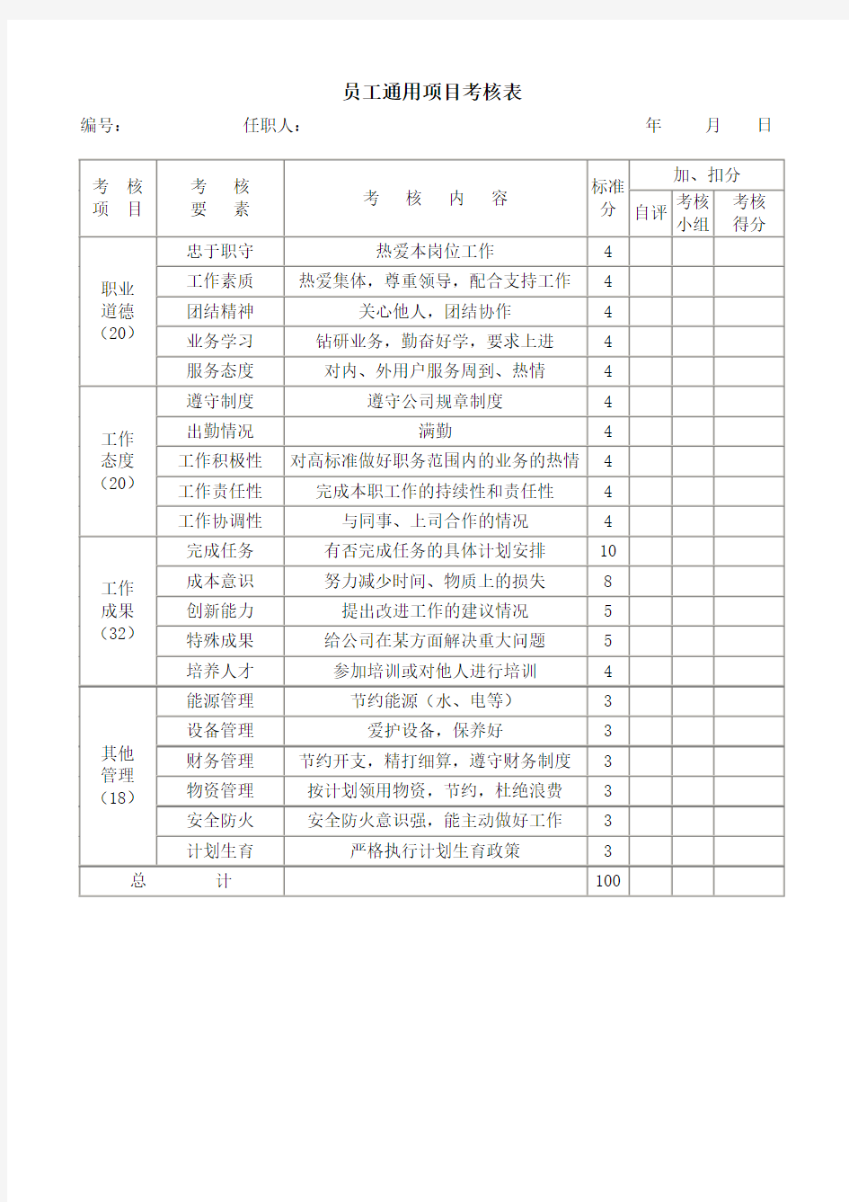 员工通用项目考核表