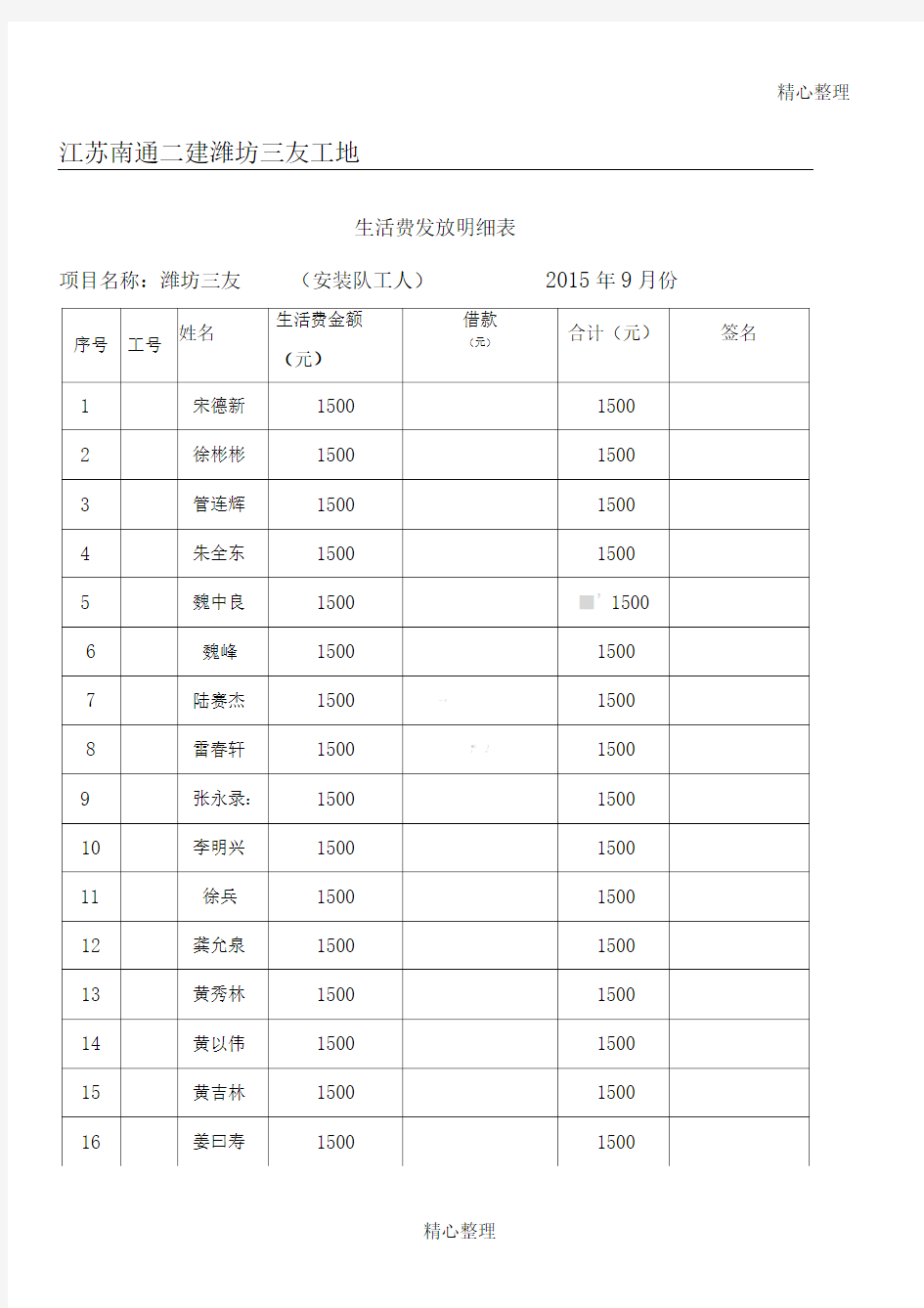 职工生活费登记表