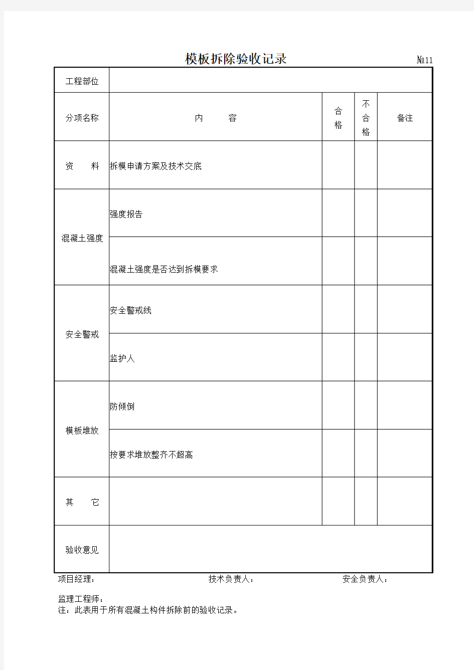 12模板拆除验收记录