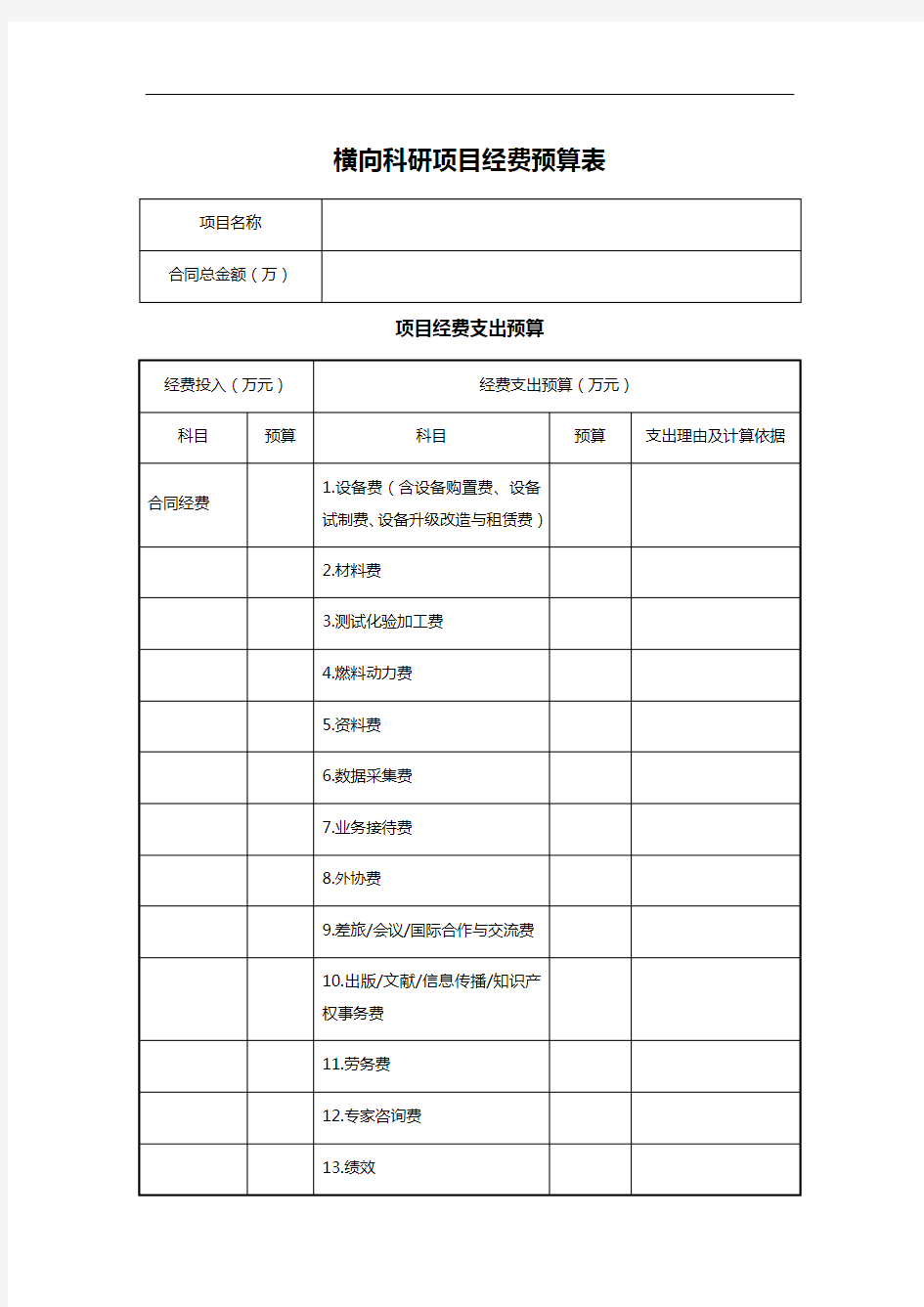 横向科研项目经费预算表