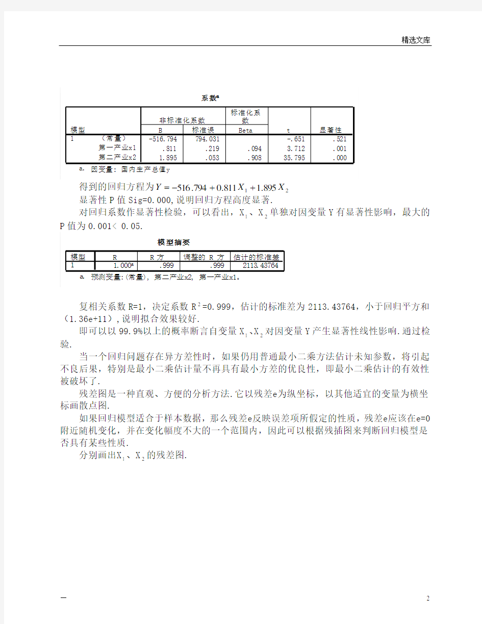 回归分析案例_国内生产总值与第一、二产业的关系