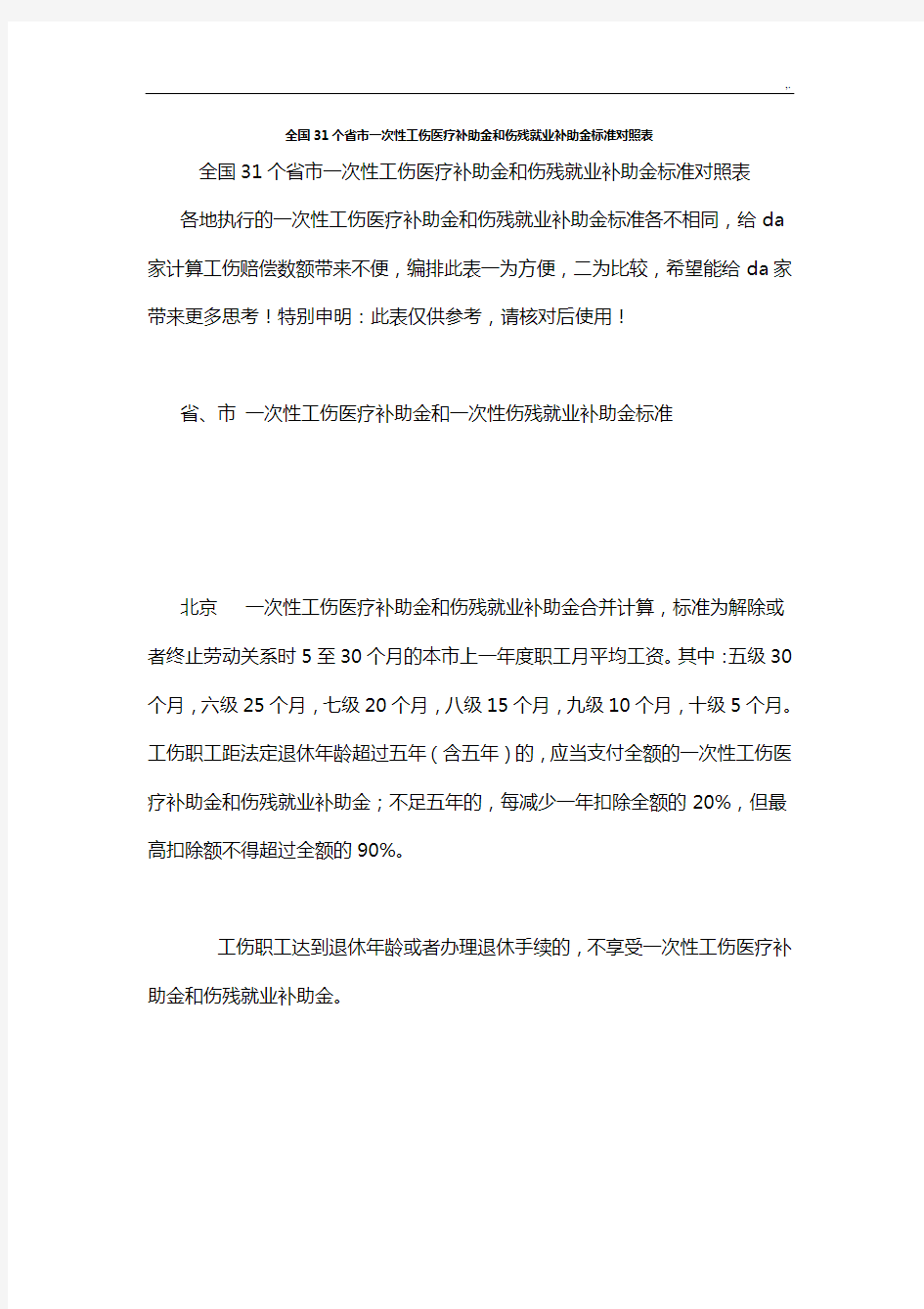 全国31个地区市一次性工伤诊疗补助金和伤残就业补助金规范标准对照表