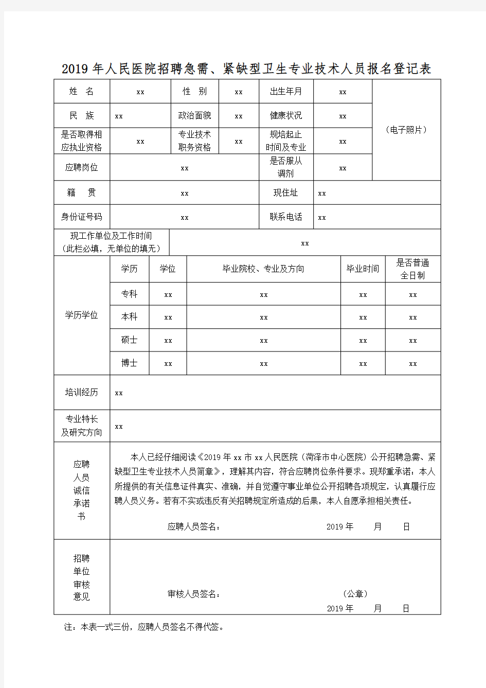 2019年人民医院招聘急需、紧缺型卫生专业技术人员报名登记表【模板】