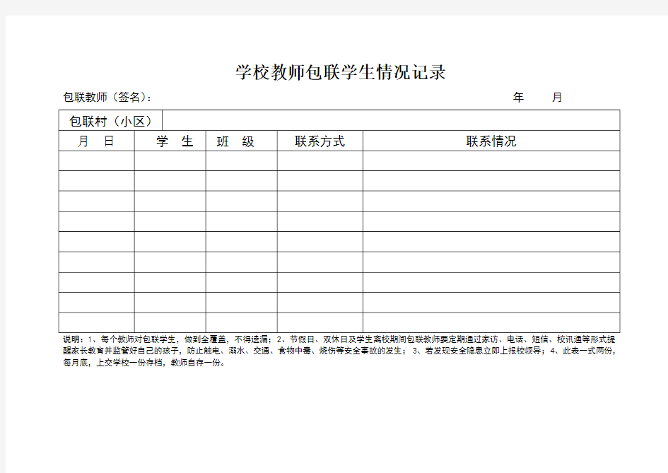 学校教师包联学生情况记录表