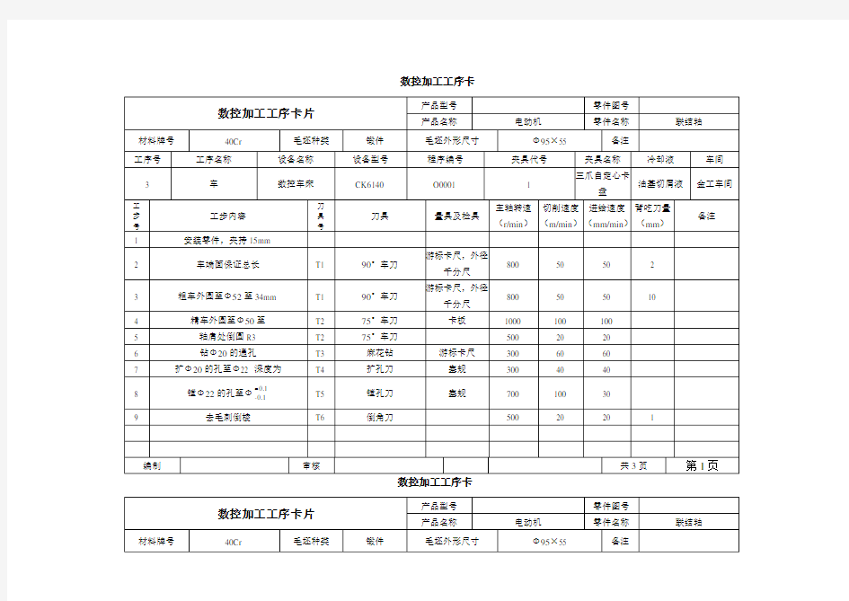 数控加工工序卡片