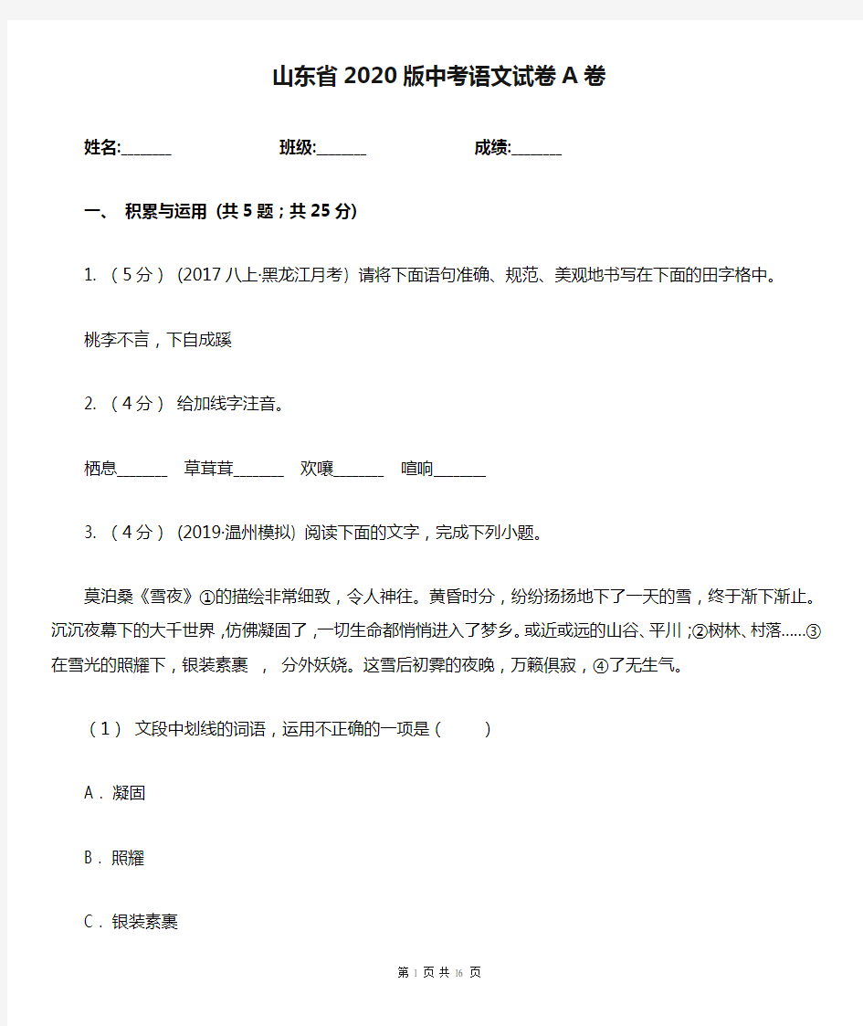 山东省2020版中考语文试卷A卷(新版)