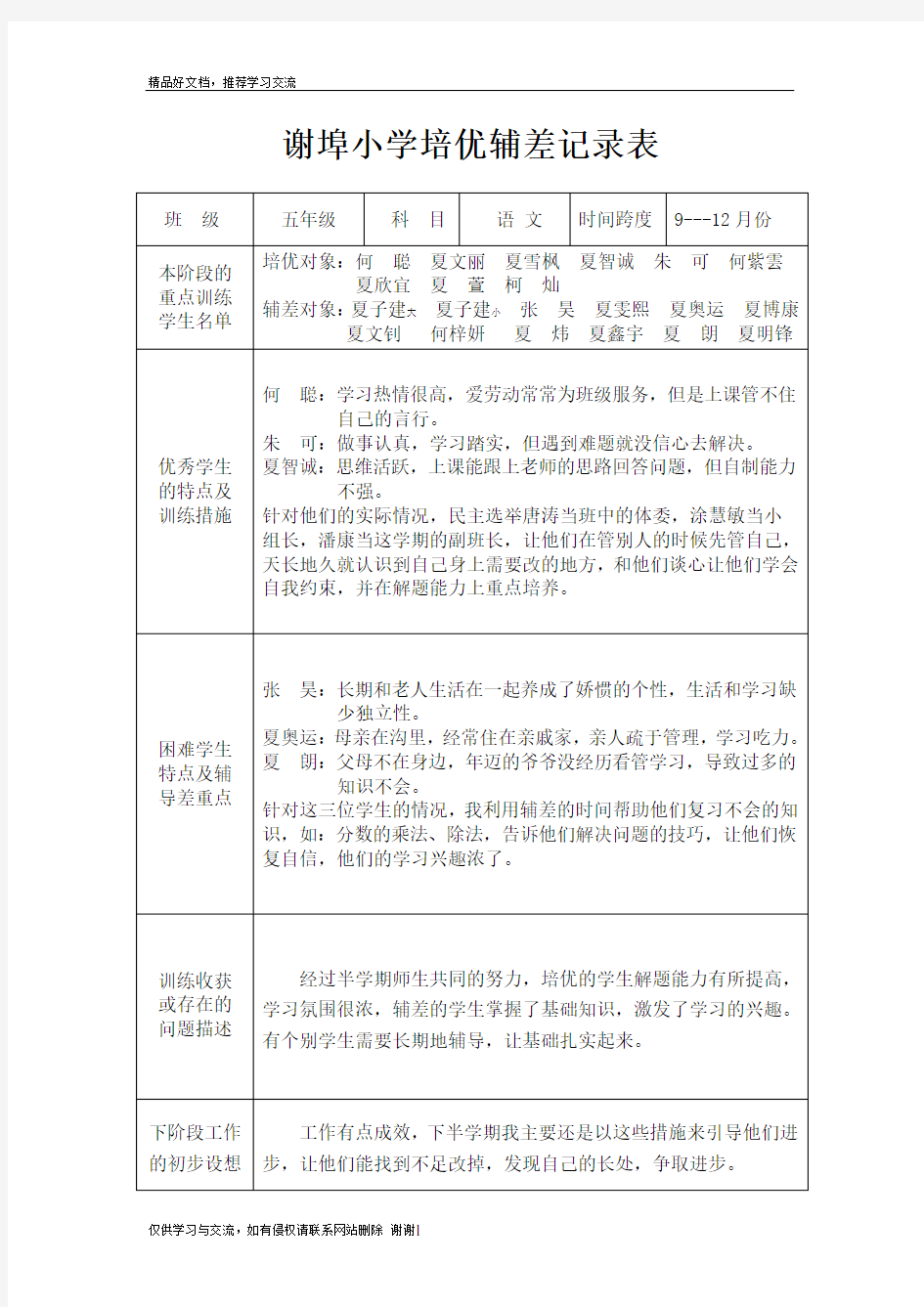 最新小学语文培优辅差记录