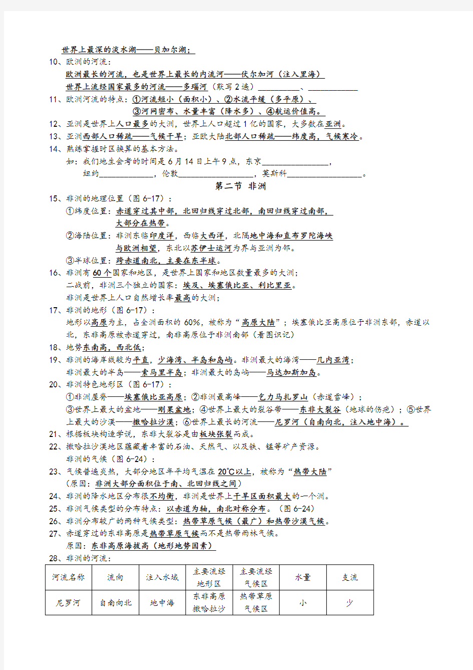 2018湘教版七年级地理下册知识点总结