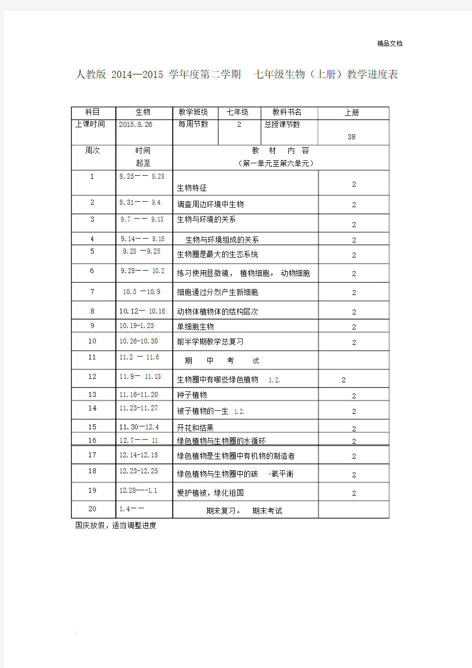 人教版七年级生物(上册)教学进度表.docx