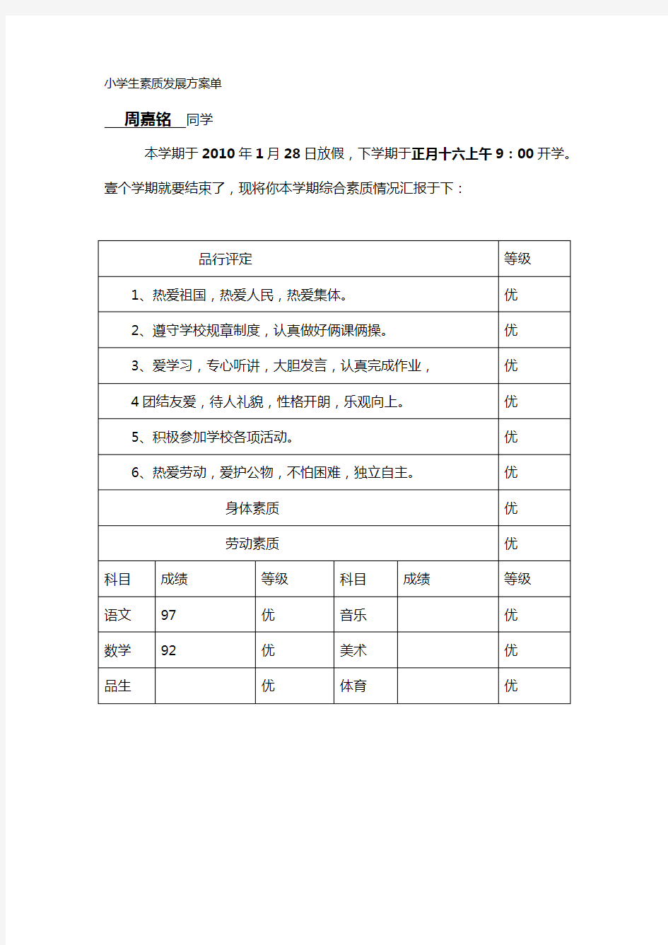 2020年(发展战略)小学生素质发展报告单