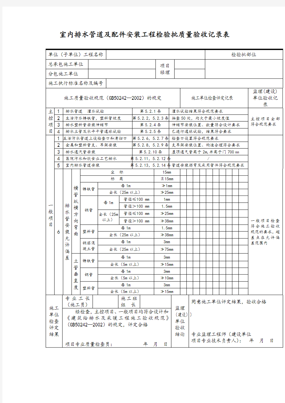 室内排水管道及配件安装工程检验批质量验收记录表