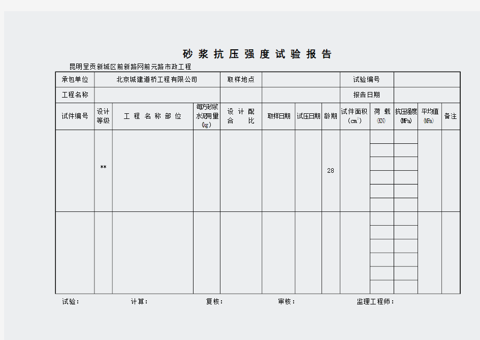 工程表格-砂浆抗压强度试验报告