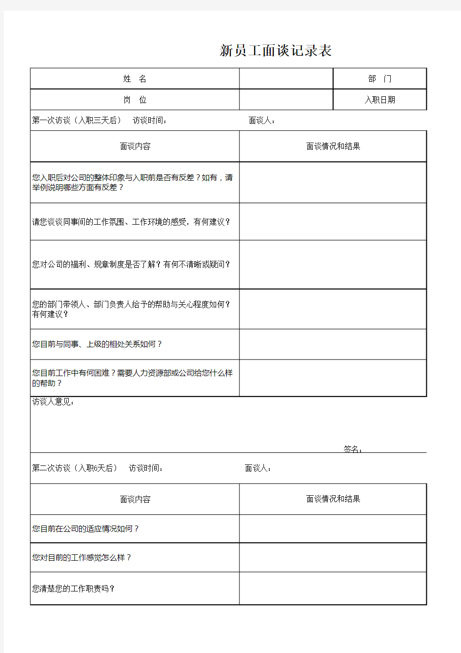 新员工面谈记录表常规