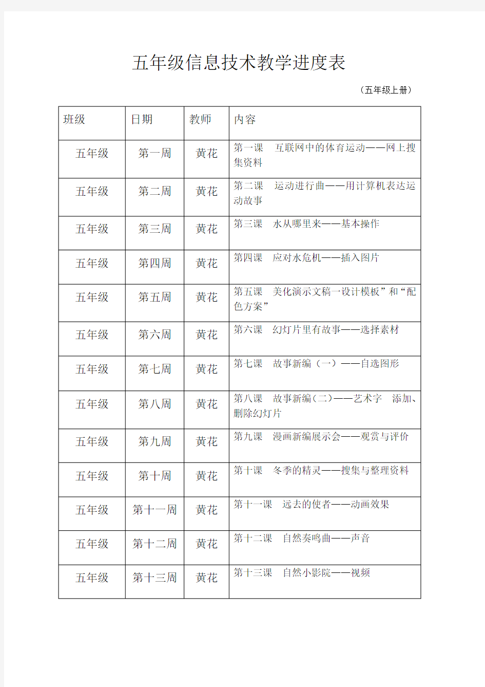 五年级信息技术教学进度表