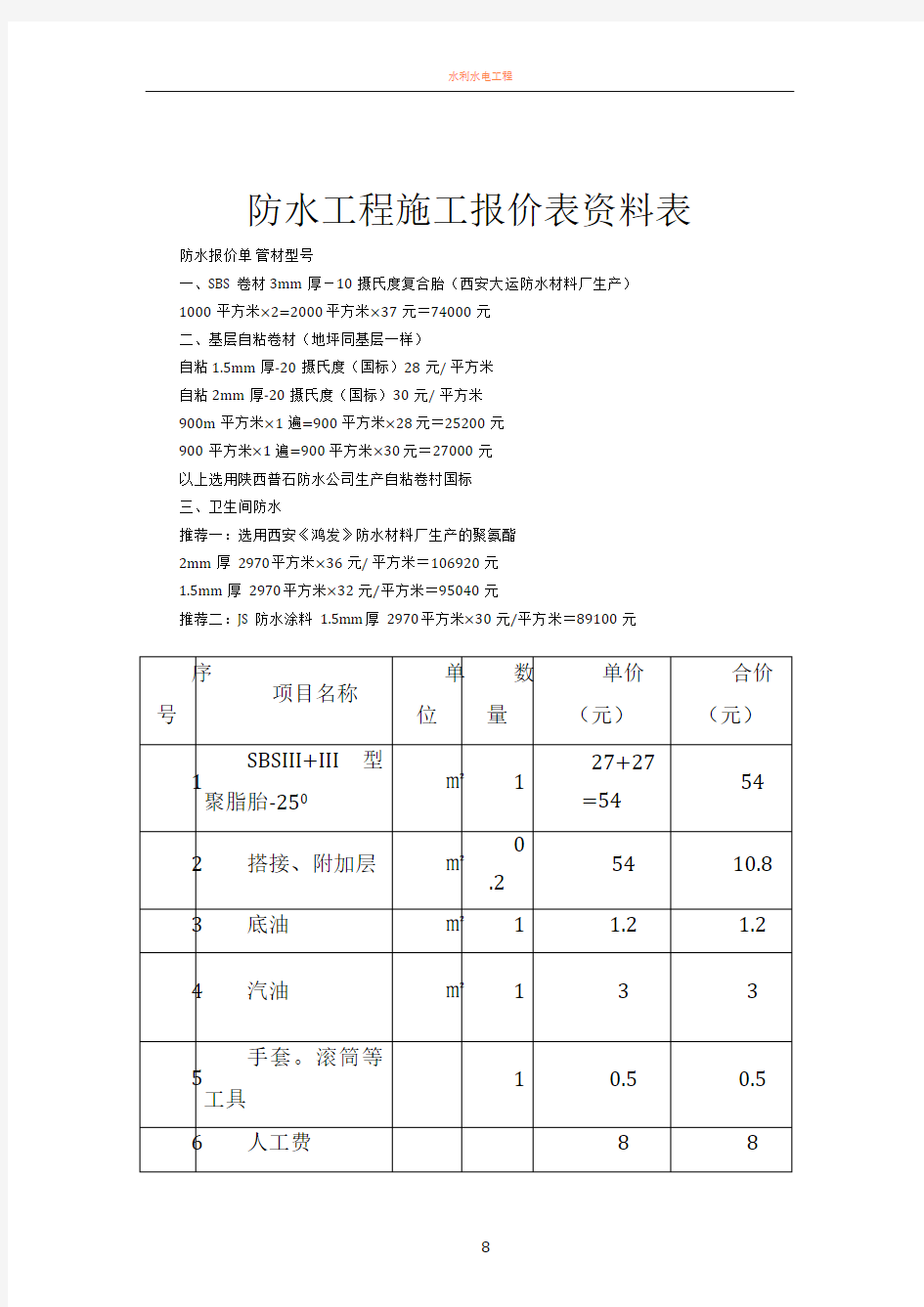 4-防水工程施工报价表