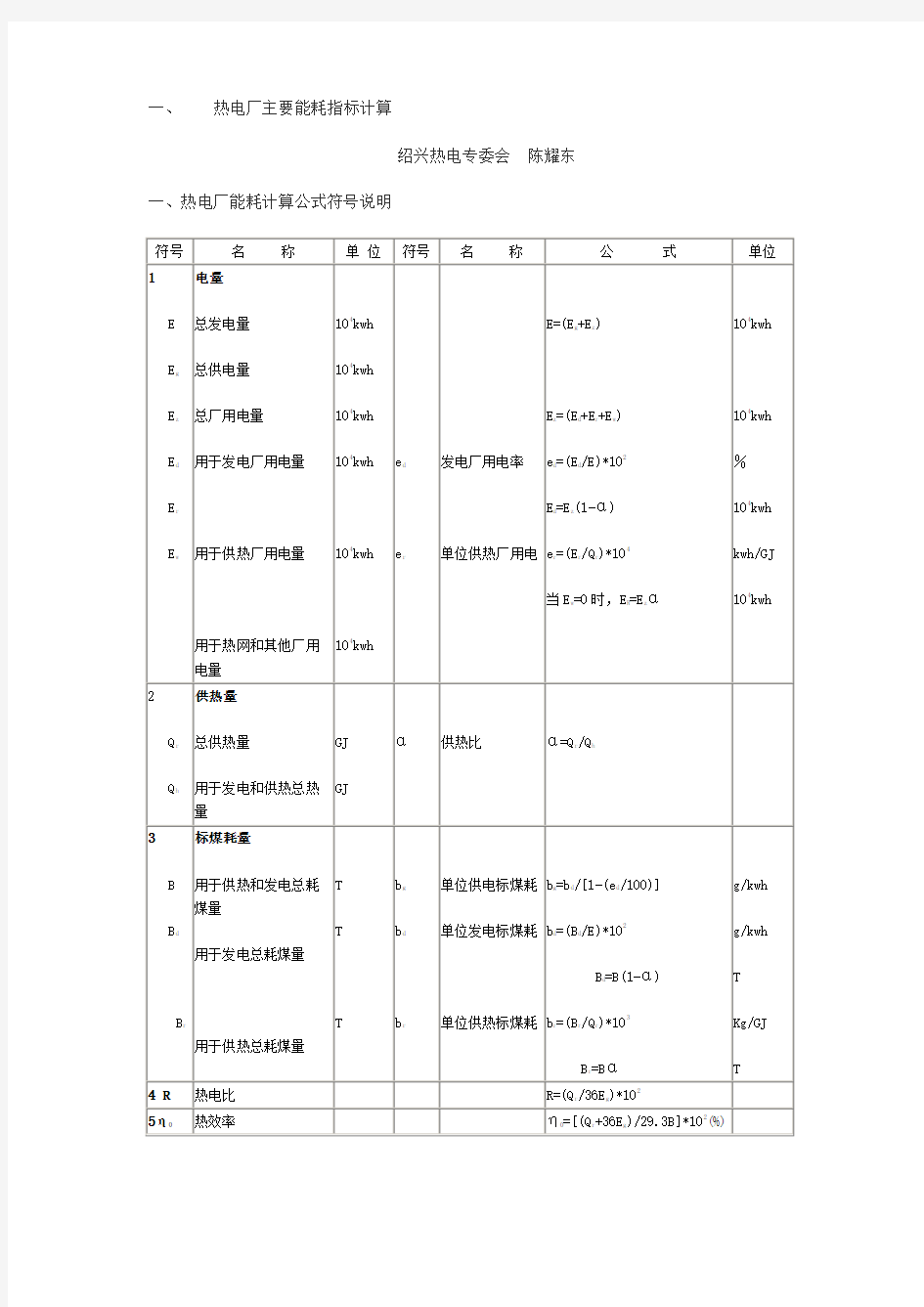 热电厂主要能耗指标计算