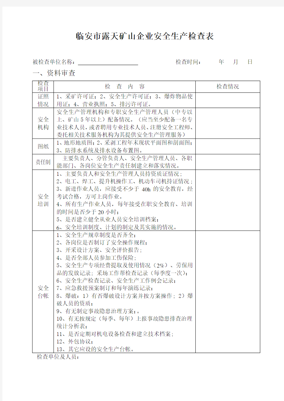 露天矿山安全检查表