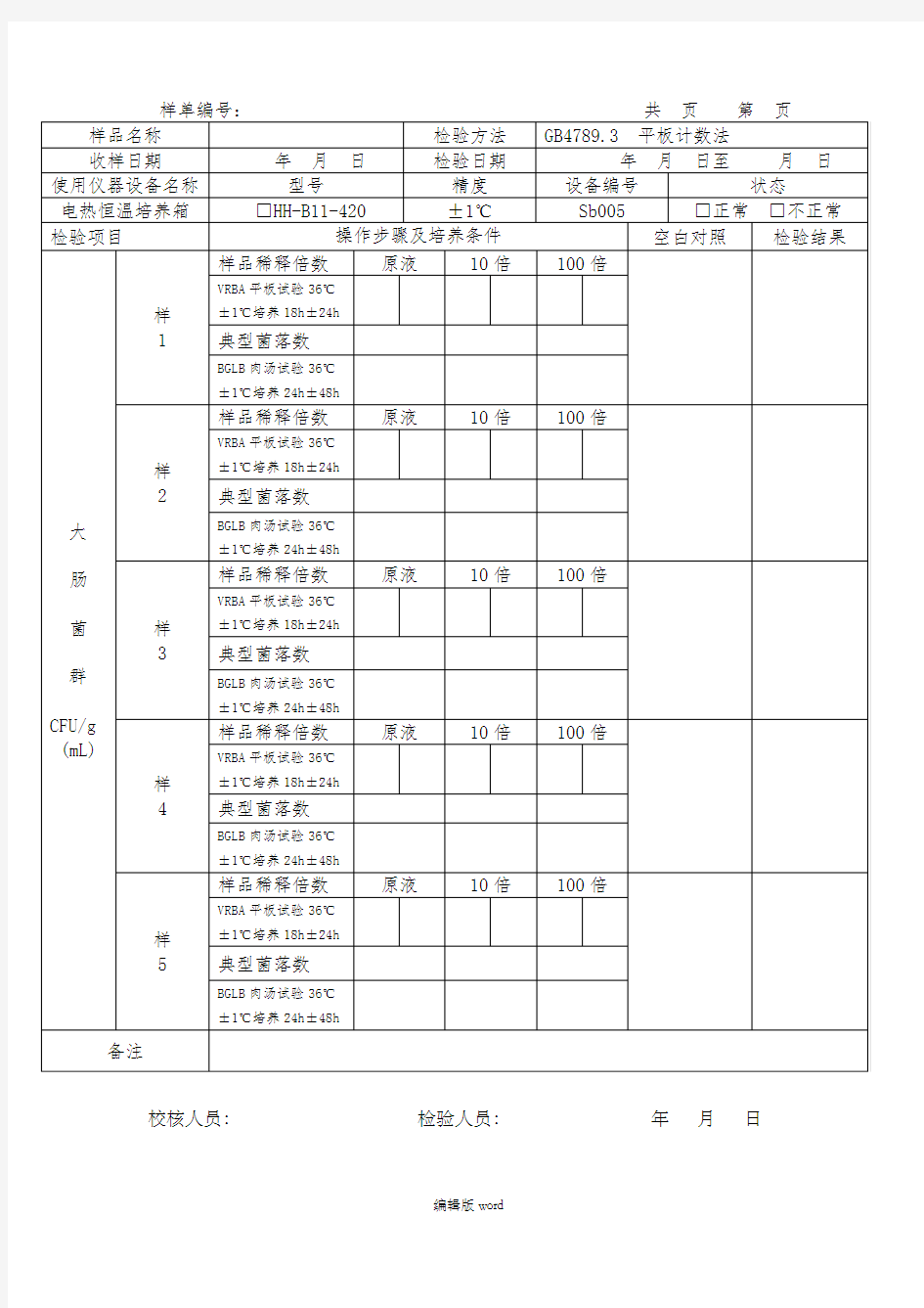 大肠菌群平板计数法原始记录