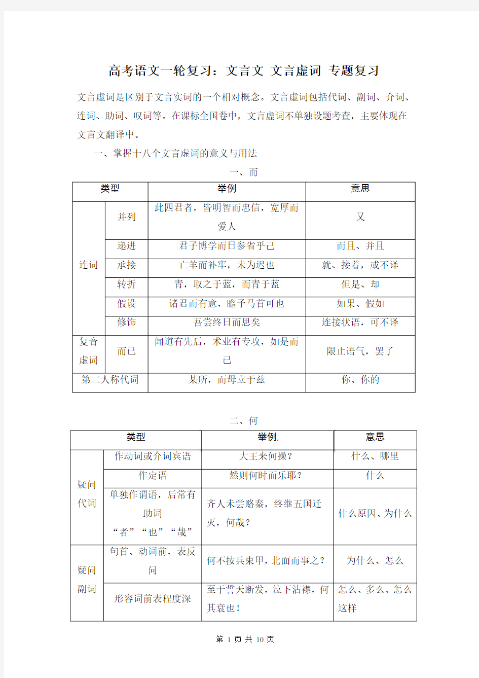 高考语文一轮复习：文言文 文言虚词 专题复习