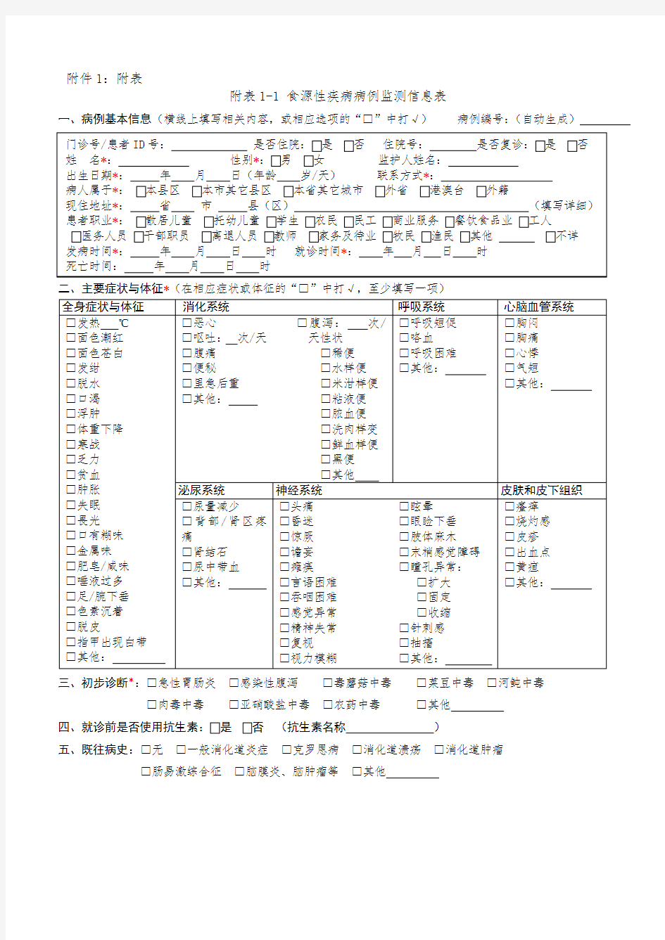 食源性疾病监测表疑似食源性异常病例报告卡